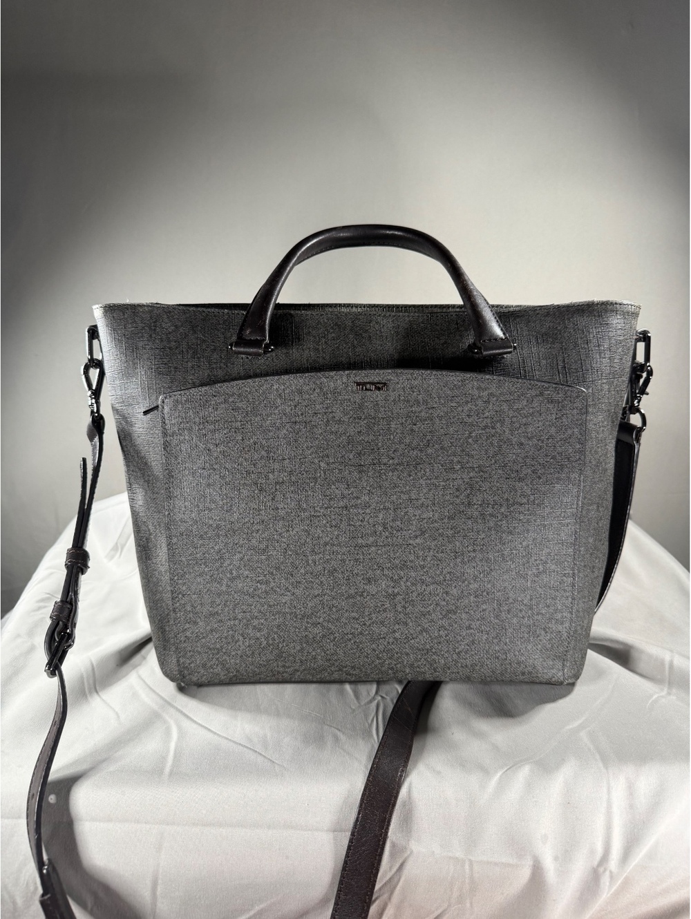 TUMI Gray Fabric and Leather Tote Bag with Shoulder Strap